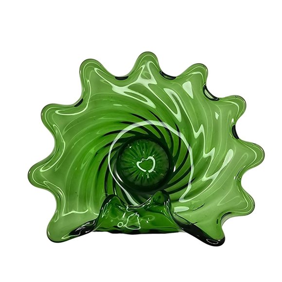 Art Glass Folded Swirl Candy Bowl Trinket Dish Green Vintage - Picture 8 of 10